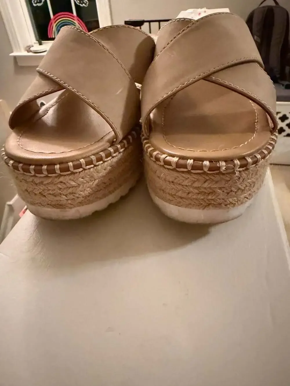 Soda Women Beige Criss Cross Platform Espadrille Wedge Sandals
